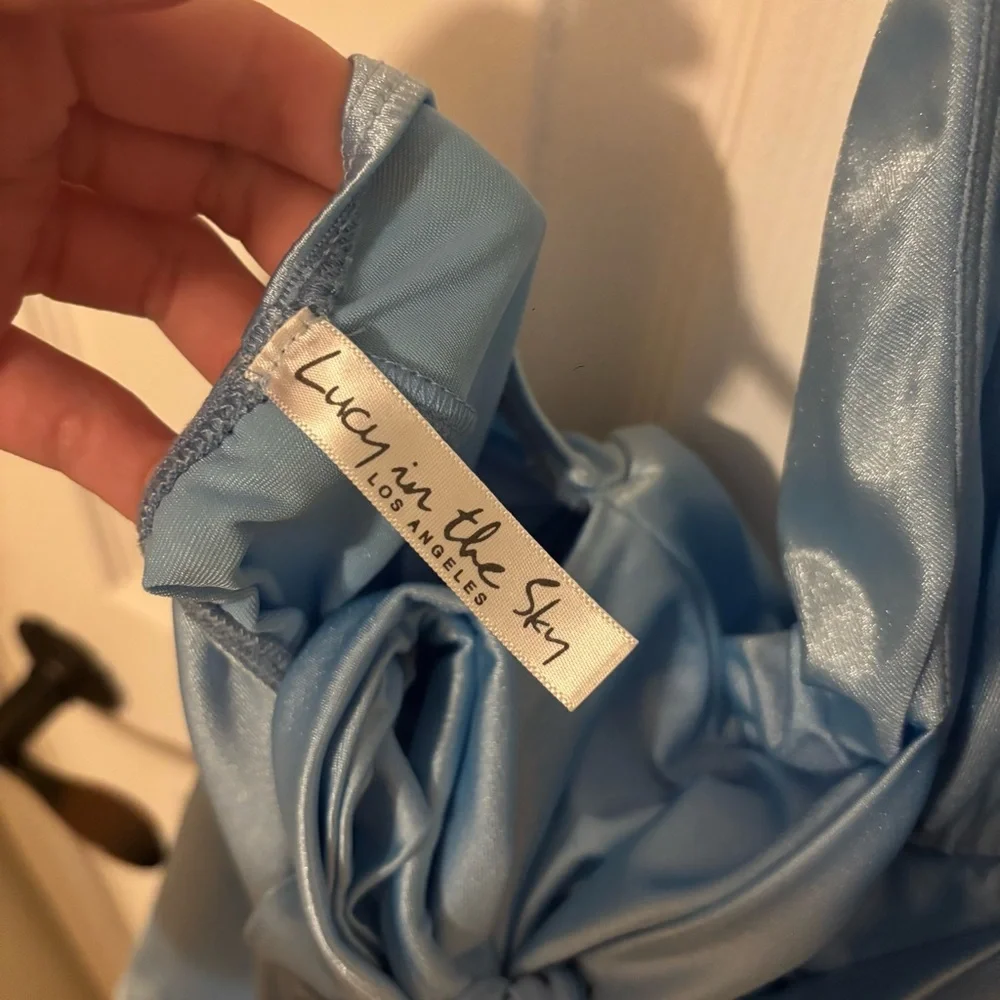 Lucy in the Sky Magdalena Satin Halter Maxi Dress in Blue size XS - Picture 6 of 7